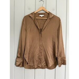 Vince Top XS Long Sleeve Stand Collar Blouse 100% Silk Satin Light Nile Bronze